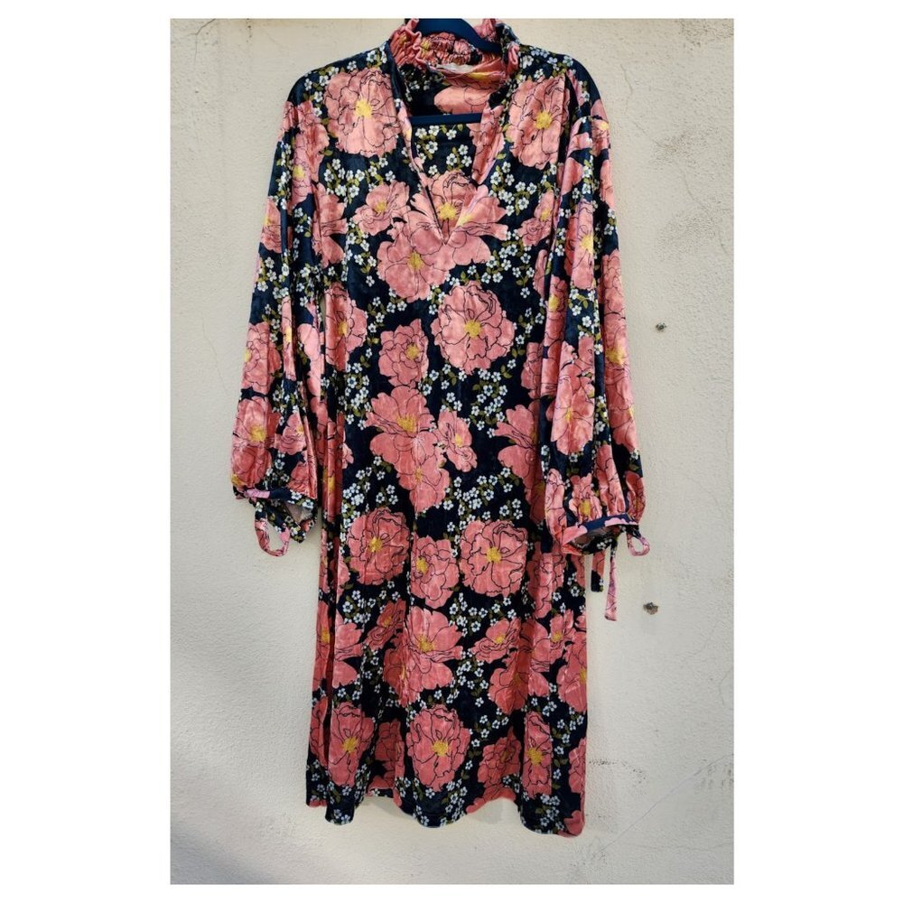 ZARA Floral Velvet Puff Sleeve Kaftan Midi Dress - Picture 3 of 10